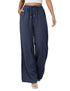 Jyanl Womens Linen Pants Casual Wide Leg Pants Summer Palazzo Pants Loose Flowy Beach Pants Trousers Drawstring Elastic Waist with Pockets Navy